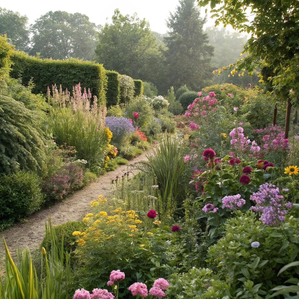 Lush Garden View with Various Plants and Flowers